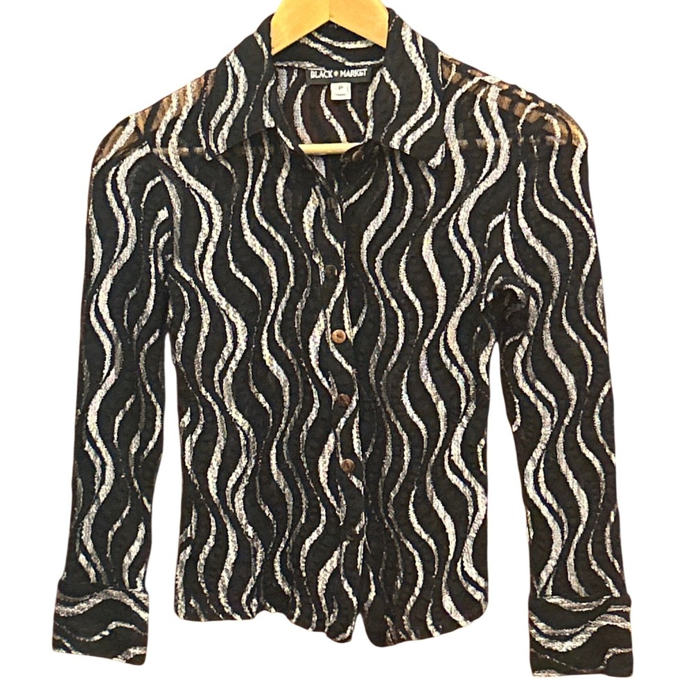 Vintage 90s Black Market Button Up Blouse Metallic Whimsigoth Y2K Emo Party Wear